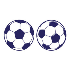 Two simple vector football soccer balls in navy blue and white isolated on white background