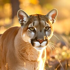 Obraz premium Majestic cougar portrait, sunlit fur, intense gaze