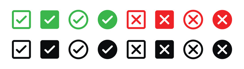 check mark icon button set. check box icon with right and wrong buttons and yes or no checkmark icons in green tick box and red cross