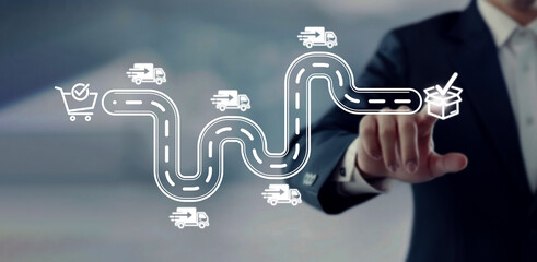 Ordered and Delivery concept Touching on virtual screen with roadmap overlay representing steps in E-commerce buying and selling of goods strategic planning process with icons shipping truck