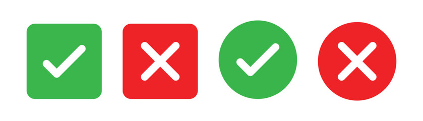 Obraz premium Checkmark x mark icon. Green checkmark and red x sign. Correct error vector symbol isolated on white background. Vote checkmark in circle and square box.