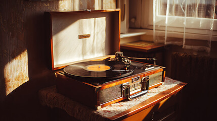 Old typewriter on a desk with a rainy window view behind, creating a nostalgic writer's workspace with moody overcast lighting. Inspiring for writers.