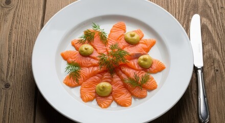 Salmon slices arranged in a flower pattern, topped with mustard and dill