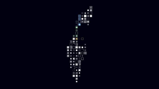 Israel map animation. Shape of the country with pulsating colored dots. Large size square blocks. Digital style Israel map on dark background. Classy video.