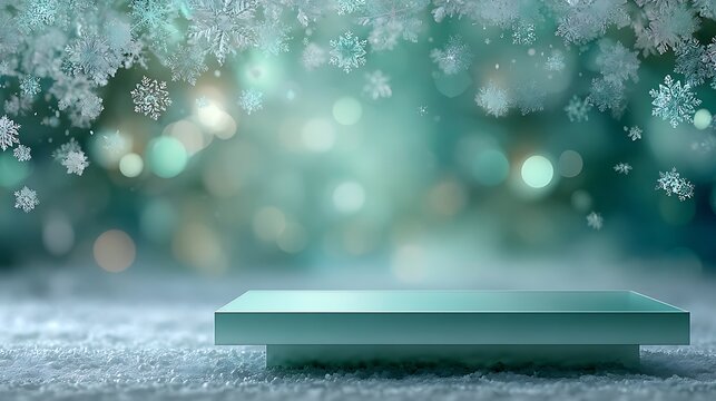 Soft green to white gradient background with subtle glowing snowflakes at top, minimalist podium low in frame, leaving majority blank space above for modern Christmas overlays