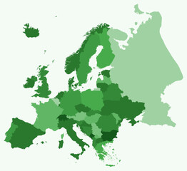 Map of Europe with countries. Just a simple continent border map with country division. Green color palette. Blank Europe shape with administrative division. Vector illustration.