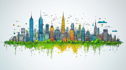 Fototapeta premium Cityscape sketch with green spaces