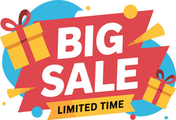 Exciting BIG SALE announcement with gift boxes and vibrant colors, perfect for promotions