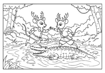 Fototapeta premium coloring page of a crocodile and deer kancil