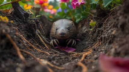 A Cute Mole Peeking Out from its Nest in a Flower Garden