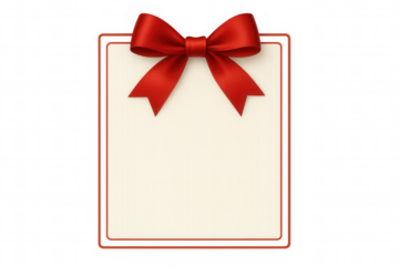 Blank gift card with red satin ribbon bow, border frame, offering a festive template for celebration, sale, and event messages