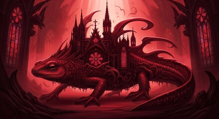 Naklejka premium Dragon-Like Creature with Gothic Architecture