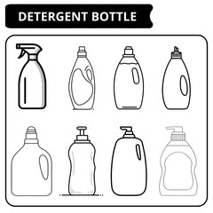 A set of line art icons depicting various detergent and cleaning product bottles for household hygiene concepts