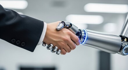 Human and robot shake hands symbolizing partnership and future technology