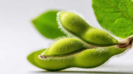 A close-up of green soybeans in their pod, showcasing their vibrant color and fine hairs, with a soft-focus background of green leaves.