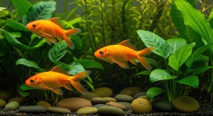 Three orange goldfish swim amidst lush aquatic plants in a home aquarium