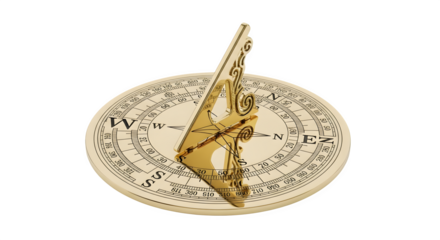 Ornate brass sundial isolated on transparent background, a vintage instrument for measuring time using the suns position, with intricate detailing and classic design