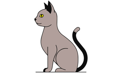 Elegant Sitting Cat: A Stylized Minimalist Vector Illustration of a Sleek Grey Feline with Yellow Eyes and Black Accents, Posing Gracefully in Profile