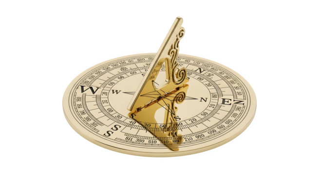 Ornate brass sundial isolated on transparent background, a vintage instrument for measuring time using the suns position, with intricate detailing and classic design