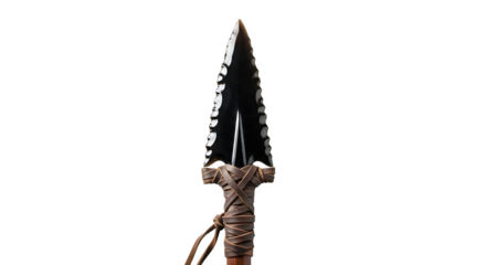 An obsidian arrowhead isolated on transparent background, displaying its sharp edges and primitive craftsmanship, suitable for historical or archaeological contexts