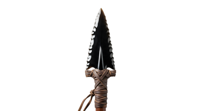 An obsidian arrowhead isolated on transparent background, displaying its sharp edges and primitive craftsmanship, suitable for historical or archaeological contexts
