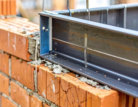 Metal lintel being installed into a brick wall during construction