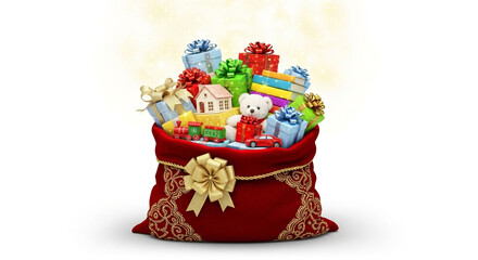 Red santa bag filled with christmas gifts presents and toys for kids holiday season celebration concept