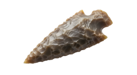 Closeup of a brown arrowhead, an ancient tool used for hunting and warfare, a relic of the past isolated on transparent background