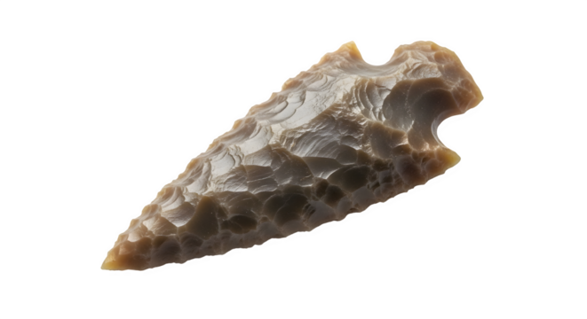 Closeup of a brown arrowhead, an ancient tool used for hunting and warfare, a relic of the past isolated on transparent background