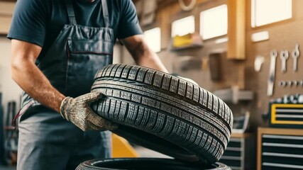 Mechanic holding a tire in a garage, preparing for car maintenance and repair. - Powered by Adobe