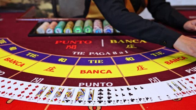 Lima, Peru, April 29, 2023:  Close-up video of a baccarat table in a casino with playing cards spread across the table, betting chips, and the dealer in the background.