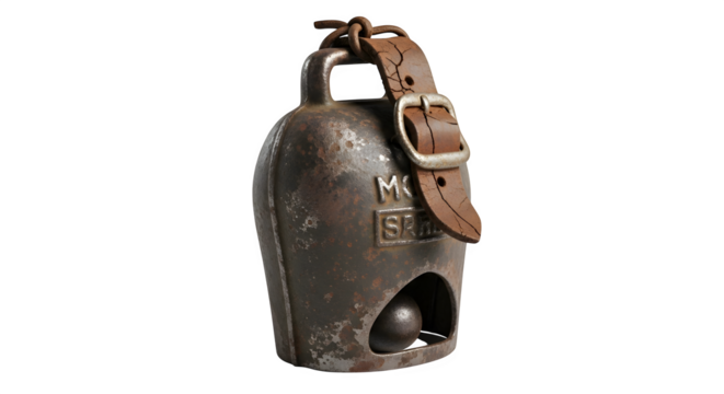 Vintage cowbell with leather strap, a rustic farm instrument, isolated on transparent background, perfect for adding a touch of country charm to any setting