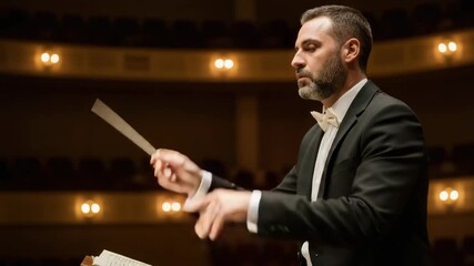An orchestra plays a captivating symphony under a skilled conductor in a music hall