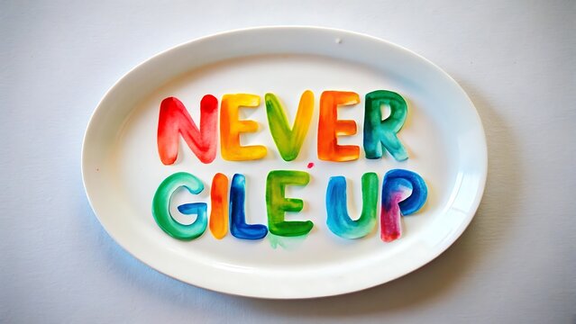 Never Give Up Message Written with Colorful Liquid on a White Plate