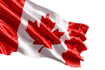 Canadian Flag Waving in Wind with Vibrant Red and White Colors on White Background