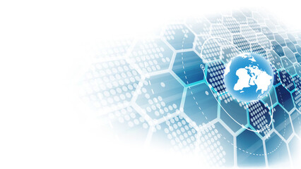 Global Digital Technology Background with Blue Earth Globe, Hexagonal Network Pattern, Abstract Data Grid, and Modern Futuristic Connection Design for Innovation and Worldwide Communication Concepts