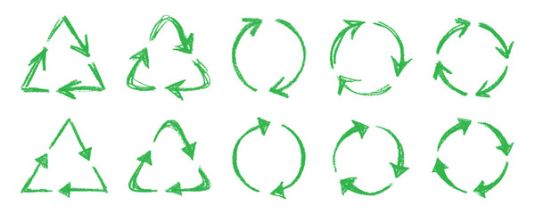 Obraz premium Set of hand drawn recycle arrow icon Recycling resources symbol Reuse of materials, zero waste, green environment, saving the planet