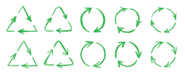 Set of hand drawn recycle arrow icon Recycling resources symbol Reuse of materials, zero waste, green environment, saving the planet