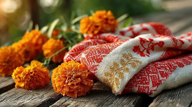Marigolds and a traditional Assamese Gamosa on a rustic wooden surface.