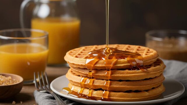 Enjoy the sight of golden waffles being topped with sweet syrup, paired with refreshing juice