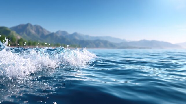 Vibrant Blue Sea Wave Crashing with White Foam and Hazy Mountain Backdrop Under Clear Sky