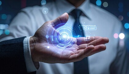 Man in White Shirt Displaying Blue Futuristic Technology Interface in Cityscape Ambience