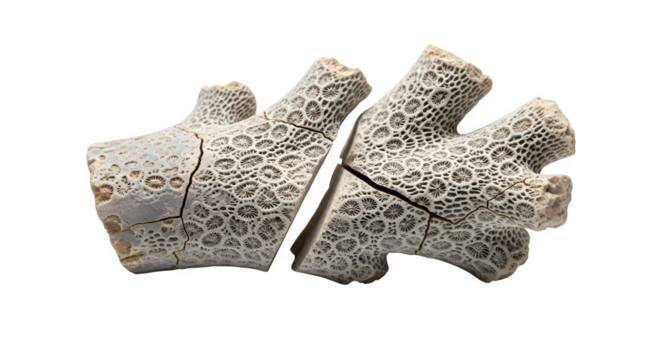 A broken piece of white coral with a unique pattern, isolated on transparent background, showcasing its intricate details and natural beauty