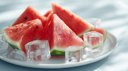 氷と一緒に盛ったスイカの三角カット