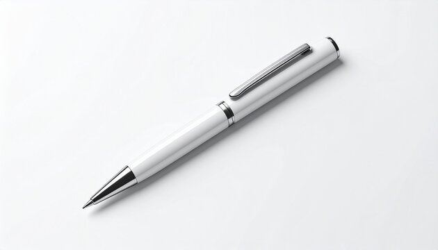 Elegant white ballpoint pen with silver chrome accents, a classic writing instrument for business or education, isolated on a clean white background with copy space