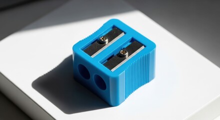 Blue pencil sharpener on white surface