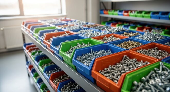 Colorful plastic bins filled with assorted metal screws and fasteners on metal shelves