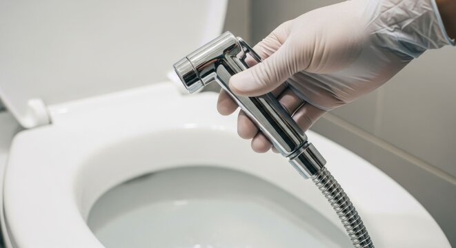 Hand in glove holds bidet nozzle over toilet