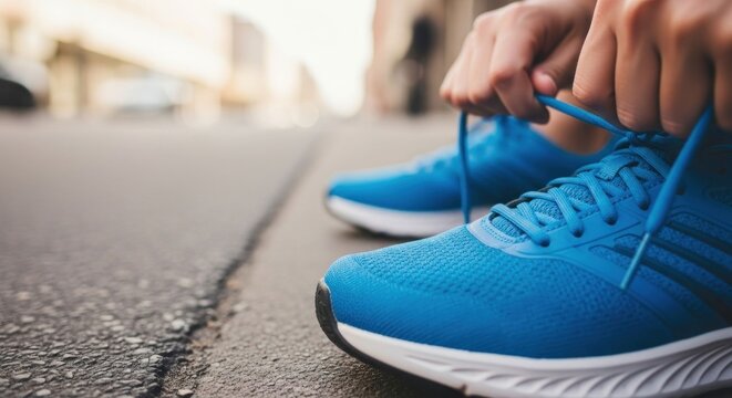 Person tying shoelaces on bright blue running shoes outdoors - Powered by Adobe