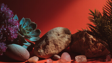 Boho style composition of plants and stones with empty space. Digital illustration. AI artwork. 